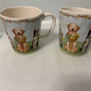 Pier 1 Imports  Large Puppy Dogs On Parade Easter Mug Ironstone Set of 2